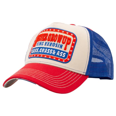 Growing up can wait. The King Kerosin trucker cap "Never Grow Up" deliberately plays with humor and attitude. The intricately embroidered front clearly conveys the message, while the classic trucker shape with a breathable mesh back ensures comfortable wear. The bold color block design gives the cap its distinctive look, and the lovingly designed printed underside of the visor demonstrates the high level of detail. Thanks to the snapback closure, it fits snugly and easily. A cap for everyone who refuses to let anything spoil their fun.

• King Kerosin Trucker Cap with printed underside of the visor
• Eye-catching front embroidery with the clear "Never Grow Up" message
• Illustrated interior with branding
• Three-color combination in a color-block style
• Breathable mesh back for warmer days
• Front: 100% Cotton. Mesh: 100% Polyester
• Snapback closure