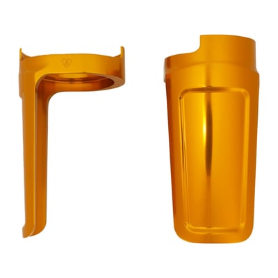 Gold anodized finish. Lightweight performance bagger fork guards inspired from the racetrack. These upper fork covers replace the factory fork boots while still protecting your inner fork tubes & seals. CNC machined from 6061 billet aluminum and kit includes a set of fork dust seals. The universal design works with factory & aftermarket front ends, direct bolt-on installation.
