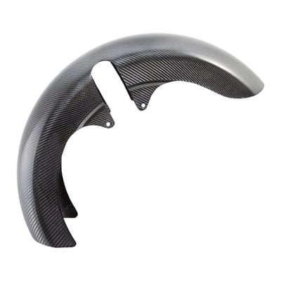 Full-length carbon fiber front fender for 18" x 5.5" fat / wide front wheels 
Made from premium pre-preg carbon fiber in CNC machined billet aluminum molds 
Each carbon fender features radius bodylines & specially notched sides 
8" Wide, designed for custom 18" x 5.5" front wheels w/ 180mm tires
Allows clearance for up to 14" oversized brake rotors 
Direct bolt-on installation, no additional brackets needed  
Fender Diameter: 18" (fat/wide)
Note: Will fit both Inverted & 49mm 2024-later front ends and with 18" Wide Front Wheels
