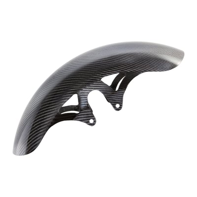 19" Carbon Fiber Front Fender featuring a short length & a custom double window design
Each fender is made from premium pre-preg carbon fiber with CNC machined billet aluminum molds 
High gloss, UV-resistant clear coat for long term durability 
Engineered to allow clearance for up to 14" oversized brake rotors 
Direct bolt-on fitment, does not require additional brackets
Accepts all 130/60-19 width front tires
Fender Diameter: 19" 