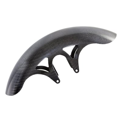 21" Carbon Fiber front fender featuring a short length & a custom double window design 
Each fender is made from premium pre-preg carbon fiber with CNC machined billet aluminum molds
High-gloss, UV-resistant clear coat for long term durability 
Engineered to allow clearance for up to 14" oversized brake rotors 
Direct bolt-on fitment, does not require additional brackets
Accepts all 130/60-21 width front tires
Fender Diameter: 21" 
