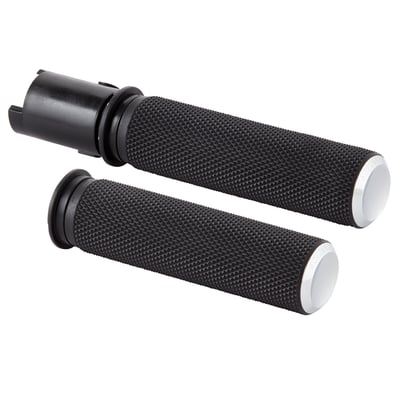 Chrome finish. Plain end caps. A design can be impressive on its own by keeping it simple. These are an excellent example of a clean grip design that is hovering on a different, distinguished level. Featured here are CNC machined aluminum grips with knurled rubber for an excellent hold. Throttle sleeve is installed.