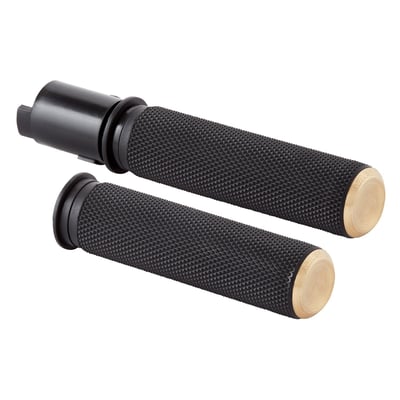 Brass. Plain end caps. A design can be impressive on its own by keeping it simple. These are an excellent example of a clean grip design that is hovering on a different, distinguished level. Featured here are CNC machined aluminum grips with knurled rubber for an excellent hold. Throttle sleeve is installed.
