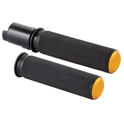 Gold anodized finish. Plain end caps. A design can be impressive on its own by keeping it simple. These are an excellent example of a clean grip design that is hovering on a different, distinguished level. Featured here are CNC machined aluminum grips with knurled rubber for an excellent hold. Throttle sleeve is installed.