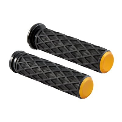 Gold anodized. CNC machined aluminum with black rubber. Comes with a Vintage Diamond design, with integrated knurling inside each diamond for that precision look. Excellent hand traction, feel and wear resistance through the use of premium rubber. With Arlen Ness laser engraved logo on the end caps.
Note: New internal grip tube design installs like factory grips, no glue required for a simple & easy installation.