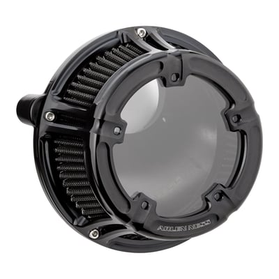 All Black finish. Forged billet aluminum construction. The clear polycarbonate window allows you to see straight into the throttle body of the running engine. Includes a pre-oiled black cotton air filter element, which is washable, for best filtration and the least restriction in air flow. The backing plate features a radiused air inlet and the Ness hidden breather backing plate technology for the cleanest look possible. Kits are complete and include all gaskets and hardware required for installation.
Note: An optional rain sock / pre-filter is available as 590442. These kits do not include oil reservoir!