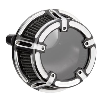 Black contrast finish. Forged billet aluminum construction. The clear polycarbonate window allows you to see straight into the throttle body of the running engine. Includes a pre-oiled black cotton air filter element, which is washable, for best filtration and the least restriction in air flow. The backing plate features a radiused air inlet and the Ness hidden breather backing plate technology for the cleanest look possible. Kits are complete and include all gaskets and hardware required for installation.
Note: An optional rain sock / pre-filter is available as 590442. These kits do not include oil reservoir!