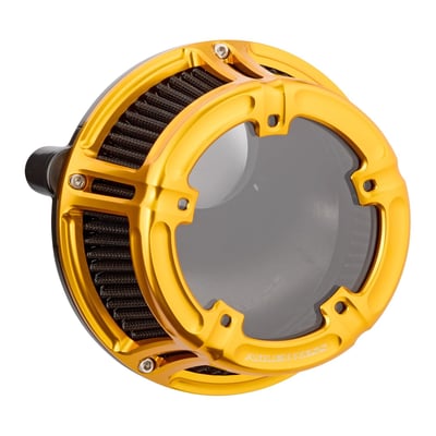 Gold anodized finish. Forged billet aluminum construction. The clear polycarbonate window allows you to see straight into the throttle body of the running engine. Includes a pre-oiled black cotton air filter element, which is washable, for best filtration and the least restriction in air flow. The backing plate features a radiused air inlet and the Ness hidden breather backing plate technology for the cleanest look possible. Kits are complete and include all gaskets and hardware required for installation.
Note: An optional rain sock / pre-filter is available as 590442. These kits do not include oil reservoir!