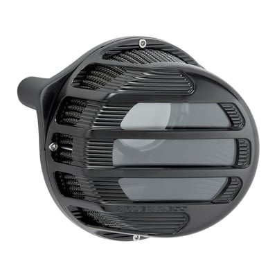 All black finish. This is the Sidekick, your trustworthy companion in improving incoming air. The rear side of the forged billet and CNC machined filter housing is angled away from your knee, giving you additional leg room. Great example of functional design without losing esthetics. For the visual catch a translucent polycarbonate side window is used, with a special coating for long-term durability. The black synthetic high flow filter element is durable and wrapped in a stainless mesh. It is water resistant and requires no more than a rinse for cleaning. Oiling is not required.
Note: A replacement clear polycarbonate side window is available as 936606.
Note: The stock replacement air filter element is available as 708680.
Note: These kits do not include oil reservoir.
