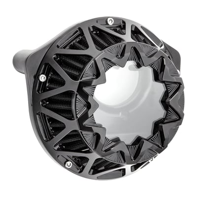 All black anodized finish. A forged billet air cleaner featuring unmistakable Ness looks. Includes a pre-oiled black cotton air filter element, which is washable, for best filtration and a non-restrictive air flow. The clear polycarbonate window allows you to see straight into the throttle body of the running engine. Expect a better seating position since the angled outer side of the air cleaner offers improved legroom. Kit includes all gaskets and hardware required for installation.
Note: An optional rain sock / pre-filter is available as 590442.
Note: These kits do not include oil reservoir