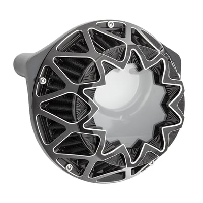 Black contrast finish. A forged billet air cleaner featuring unmistakable Ness looks. Includes a pre-oiled black cotton air filter element, which is washable, for best filtration and a non-restrictive air flow. The clear polycarbonate window allows you to see straight into the throttle body of the running engine. Expect a better seating position since the angled outer side of the air cleaner offers improved legroom. Kit includes all gaskets and hardware required for installation.
Note: An optional rain sock / pre-filter is available as 590442.
Note: These kits do not include oil reservoir