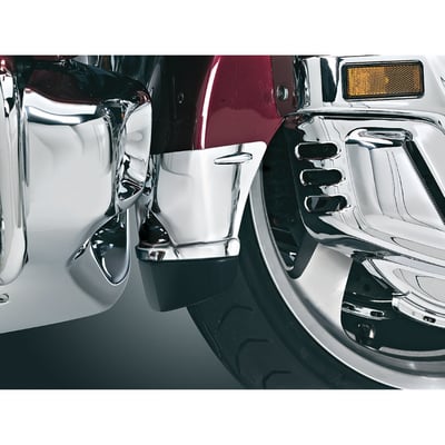 The stylish chrome extension incorporates a black rubber mud flap and extends the fender by four inches. The fasteners included for installation have custom, streamlined heads for a smooth, clean appearance. 
So besides looking sharp, this front fender extension with mud flap will really tame the road spray when riding in the rain.