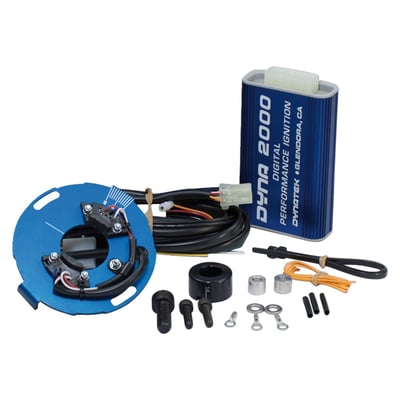 The Dyna 2000 system consists of a microprocessor controlled ignition module along with an adjustable Dyna dual sensor crank trigger. 
Features: 
- Fully Static Timetable. 
- Independent 1/4 2/3 Cylinder Timing. 
- Built-In Static Timing Light. 
- Five Different Advance Curves. 
- Four Different Retard Modes. 
- Safety Interlock In Put. 
- Broad Range rev Limiter. 
- Digital TACH Output. 
- High Energy. 
- Test Mode. 
- Easy Mounting. 
- Complete Wiring Harness. 
Dynatek has added the ability to custom program the Dyna 2000 Sportbike ignition via a personal computer.