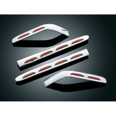 Add the sparkle & elegance of the old style chromed tubular light bars without the added weight, mounting holes, potential for rust & maintenance.
These replace existing parts on the bike so there is no added bulk. All stock mounting points & hardware are retained.
- Chrome with red lens