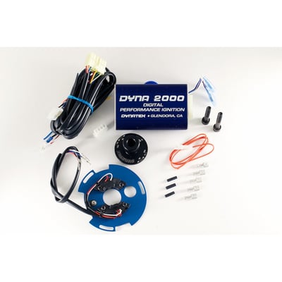 The Dyna 2000 system consists of a microprocessor controlled ignition module along with an adjustable Dyna dual sensor crank trigger. 
Features: 
- Fully Static Timetable. 
- Independent 1/4 2/3 Cylinder Timing. 
- Built-In Static Timing Light. 
- Five Different Advance Curves. 
- Four Different Retard Modes. 
- Safety Interlock In Put. 
- Broad Range rev Limiter. 
- Digital TACH Output. 
- High Energy. 
- Test Mode. 
- Easy Mounting. 
- Complete Wiring Harness. 
Dynatek has added the ability to custom program the Dyna 2000 Sportbike ignition via a personal computer. 

INCLUDES 8083704 COILS