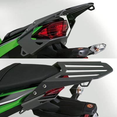 Luggage Rack designed specially for the EX300 Ninja™ to greatly improve the carrying capacity. The roomy rack surface with three bungee attachment points on each side allows riders to carry a decent sized duffel bag.
The rack is made from precision, laser-cut aluminum, and the mounting bracket is made from precision cut and formed steel. Both integrate seamlessly with the lines and style of the EX300
Length: 8.25" (21.0cm)
Width: 6.75" (17.1cm)