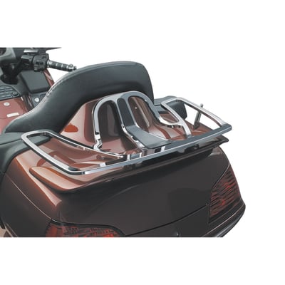 Constructed from durable cast aluminum, Kuryakyn’s contoured luggage rack pairs perfectly with the shape of Gold Wing GL1800 tour trunks and features a non-slip rubber insert that helps keep your load firmly planted. Chrome luggage rack risers are sold separately, see PN 8082330.