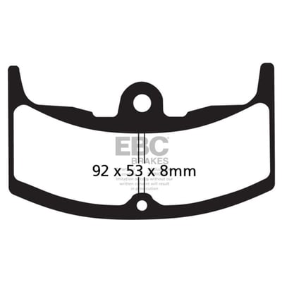 The EBC brake pads have great predictable stopping power, and they benefit from low disc abrasion and dust. 
They are brake rotor friendly, and slower to brake in the wet. 
These organic brake pads are ECE R 90 brake safety test approved.Note: Check your local MCS dealer or the MCS sales department for exact type of approval and validity on bike model and years on the test report.