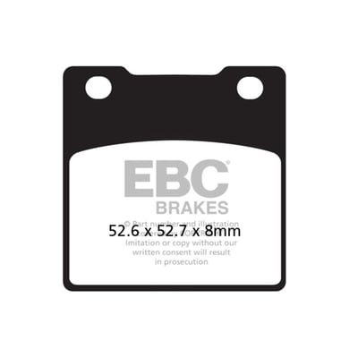 The EBC brake pads have great predictable stopping power, and they benefit from low disc abrasion and dust. 
They are brake rotor friendly, and slower to brake in the wet. 
These organic brake pads are ECE R 90 brake safety test approved.Note: Check your local MCS dealer or the MCS sales department for exact type of approval and validity on bike model and years on the test report.