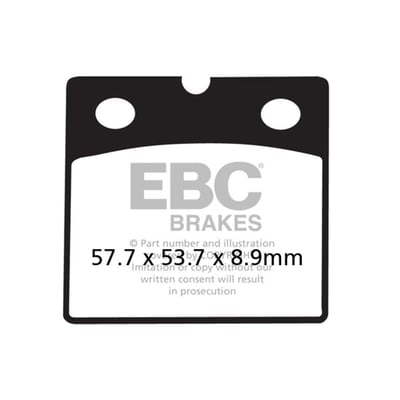 The EBC brake pads have great predictable stopping power, and they benefit from low disc abrasion and dust. 
They are brake rotor friendly, and slower to brake in the wet. 
These organic brake pads are ECE R 90 brake safety test approved.Note: Check your local MCS dealer or the MCS sales department for exact type of approval and validity on bike model and years on the test report.