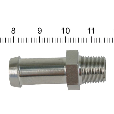 Stainless steel. 1/8-27 N.P.T. Fits 3/8" (9.5mm) inside diameter oil hose. 
OEM replacement reference 63533-41