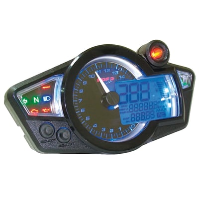 Multifunctional digital speedo cockpit. Blue black light with speedo, tachometer, indicator lights, daytrip, oil & water temperature, shift light, etc. Complete with universal sensor, mounting hardware and instructions in English. 
Note: With approval. Check your local MCS dealer or the MCS sales department for exact type of approval and validity on bike model and years on the test report.