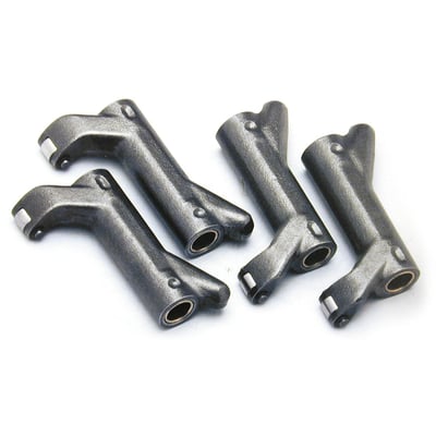 With stock 1.625" ratio for a stock application replacement. Forged from 4110 steel, heat treated and shot peened for additional strength and protection from metal fatigue. In these rockerarms pressed-in, extra 0.750" wide, bushings are used instead of needle bearings. A 0.50" diameter aircraft grade steel roller tip ensures wear resistancy and maximum reliability. The lubrication system is modified for un-restricted roller oiling. 

For replacement parts see: 531870 Rocker arm. Front exhaust or rear intake. 531871 Rocker arm. Rear exhaust or front intake. 531368 Bushing .750". 531367 Complete rebuild kit which includes retaining rings (6), 531368 bushings (8), rollers (4) and shafts (4). 
Note: S&S advises the use of adjustable pushrods to obtain the required correct valve clearance. 
Note: Roller rockers are recommended by S&S with cams having more than 0.585" lift. 
Note: S&S does not recommend 1.745 ratio roller rocker arm sets for street bikes. These will increase stress on cams, tappets, and pushrods. For this reason they are recommended for racing only and not for street applications.