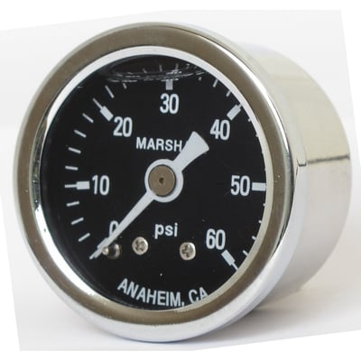 Black face. 
Will monitor oil, fuel or nitrous pressure. Liquid filled to help absorb vibration. 
Stainless housing with brass internals and acrylic lens. 
Standard 1-1/2" diameter, regular 1/8" NPT threaded connection in 0-60 PSI