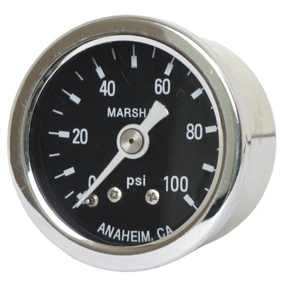 Black face. 
Will monitor oil, fuel or nitrous pressure. Liquid filled to help absorb vibration. 
Stainless housing with brass internals and acrylic lens. 
Standard 1-1/2" diameter, regular 1/8" NPT threaded connection in 0-100 PSI