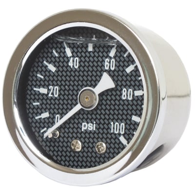 Carbon fiber face. 
Will monitor oil, fuel or nitrous pressure. Liquid filled to help absorb vibration. 
Stainless housing with brass internals and acrylic lens. 
Standard 1-1/2" diameter, regular 1/8" NPT threaded connection in 0-100 PSI