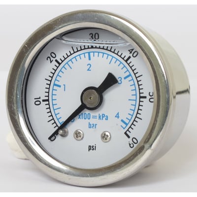 White dual scale face. 
Will monitor oil, fuel or nitrous pressure. Liquid filled to help absorb vibration. 
Stainless housing with brass internals and acrylic lens. 
Standard 1-1/2" diameter, regular 1/8" NPT threaded connection in 0-60 PSI