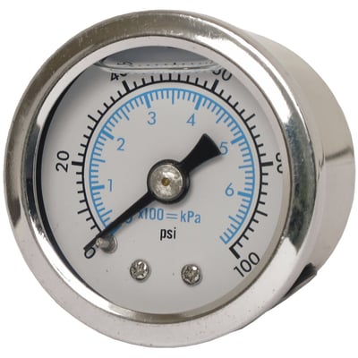 White dual scale face. 
Will monitor oil, fuel or nitrous pressure. Liquid filled to help absorb vibration. 
Stainless housing with brass internals and acrylic lens. 
Standard 1-1/2" diameter, regular 1/8" NPT threaded connection in 0-100 PSI