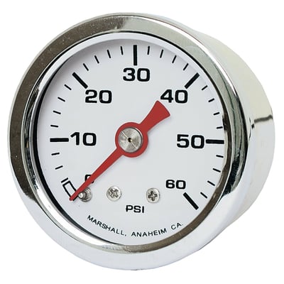 Comp white face, with red pointer.
Will monitor oil, fuel or nitrous pressure. Liquid filled to help absorb vibration. 
Stainless housing with brass internals and acrylic lens. 
Standard 1-1/2" diameter, regular 1/8" NPT threaded connection in 0-60 PSI