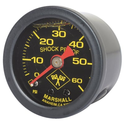 Midnight face. 
Will monitor oil, fuel or nitrous pressure. Liquid filled to help absorb vibration. 
Black housing with brass internals and acrylic lens. 
Standard 1-1/2" diameter, regular 1/8" NPT threaded connection in 0-60 PSI