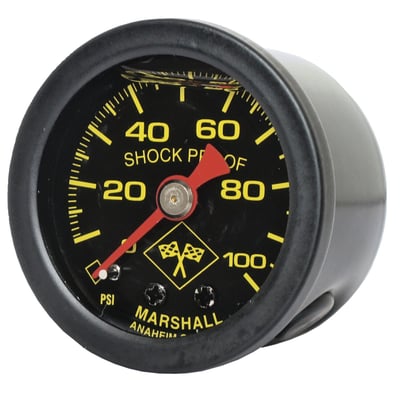 Midnight face. 
Will monitor oil, fuel or nitrous pressure. Liquid filled to help absorb vibration. 
Black housing with brass internals and acrylic lens. 
Standard 1-1/2" diameter, regular 1/8" NPT threaded connection in 0-100 PSI
