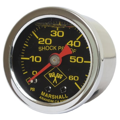 Midnight face. 
Will monitor oil, fuel or nitrous pressure. Liquid filled to help absorb vibration. 
Stainless housing with brass internals and acrylic lens. 
Standard 1-1/2" diameter, regular 1/8" NPT threaded connection in 0-60 PSI