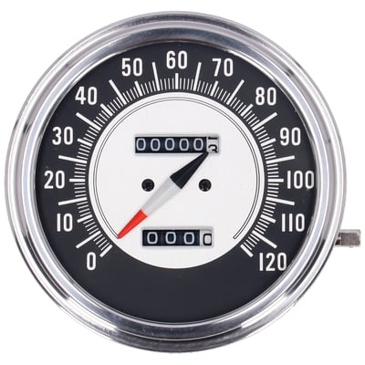 With 5/8-18 threaded speedo cable connector. 
For your reference only:  For identification purposes only we have named the earlier 'FL style' speedo­meter faces with 'model years'. These may not accurately represent actual model years and are for use as reference only. 
Most FL type speedometers are available with K.M.H. or M.P.H faces. All speedometers from the '36-40' face to the '00-03' face styles feature same dimensions and fit the FL, FLH, Fat Bob, FLST, FXST etc. tank mounted style dash. Note that a small modification to the dash, to fit the re-set knob correctly, may be required. 2:1 ratio is suitable for most front wheel drive, 1:1 drive ratio is suitable for most transmission drive models. 84-95 Softail models may have a different 2.24:1 ratio, of which there are listed a few speedometers. 
Note: 1991-up turn signals will no longer self cancel. 
- 60 M.P.H. = 1000 R.P.M. (= 1:1) 
- 60 M.P.H. = 2000 R.P.M. (= 2:1) 
- 60 M.P.H. = 2240 R.P.M. (= 2.24:1) 
- 60 K.M.H. = 700 R.P.M. (= 1:1) 
- 60 K.M.H. = 1400 R.P.M. (= 2:1)