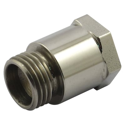 Stainless steel. 
Adapter 9/16-18 male (crankcase) to 1/8" NPT female (oil gauge). 
Used between crankcase and oil gauge fitting. 
Note: See 900879 (stainless) or 901220 (chrome) for optional 45° adapter fitting to angle oil gauge for better viewing by rider, when riding. 