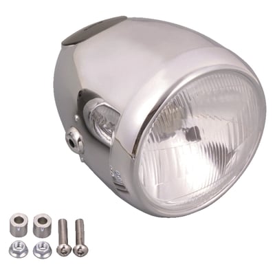 Old style side mounted headlamp with a strong reference to the 50's and 60's style headlamp designs, where the speedo was incorporated in the headlamp shell. This Vintage headlamp comes with 60mm speedo mounting hole in the rear section of the headlamp housing. 
- Chrome housing with chrome trim ring 
- With 55/60W H-4 bulb 
- ECE approved lens 
- 60mm speedometer hole. 
Note: Designed for use with 60mm diameter Velona speedo or tachometers series. See our speedo chapter. 
Note: For an optional style matching fork tube mounted headlamp bracket see 510134 black steel (for 39mm tubes), 510133 polished stainless steel or 510136 black steel (for 41mm fork tubes).