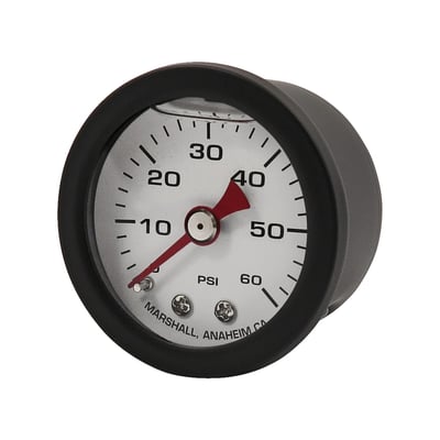White face, with red pointer. 
Will monitor oil, fuel or nitrous pressure. Liquid filled to help absorb vibration. 
Black housing with brass internals and acrylic lens. 
Standard 1-1/2" diameter, regular 1/8" NPT threaded connection in 0-60 PSI