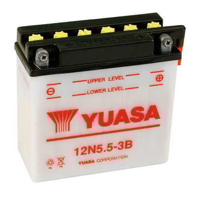 55CCA (Cold Cranking Amps). Custom kickstart. 12N5.5-3B / 12N5.5-3B-BS 12V Conventional Battery. Dimensions: 138mm long x 61mm wide x 131mm high. Weight with acid 2.5kg. Acid volume 0.4 liter. Charge with 0.6A. 
Note: This conventional lead-acid battery requires filling with electrolyte (a mixture of sulphuric acid & water) before use. Motorcycle Storehouse does not supply electrolyte for batteries.