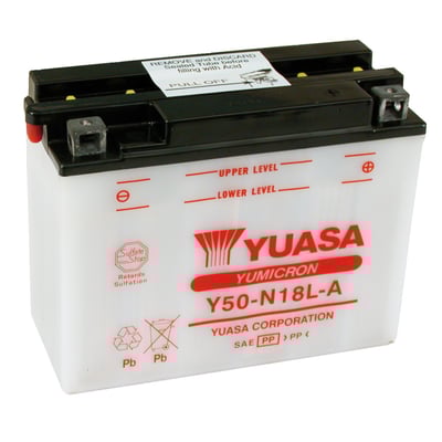 240CCA (Cold Cranking Amps). Y50-N18L-A / Y50-N18L-A-BS12V Yumicron battery. Dimensions: 205mm long x 90mm wide x 162mm high. Weight with acid 7.4kg. Acid volume 1.4 liter. 
- Yumicron batteries have a special chemical formulated 'sulphate stop'. When a battery is left in a close to discharged state a crystal-like material is formed on the battery plate surface. This causes a higher resistance to conductivity and the battery becomes unable to store a full charge. The ' Sulphate-Stop' formula drastically reduces sulphate crystal build-up on the battery plate surface and increases life expectancy. 
- Note: This conventional lead-acid battery requires filling with electrolyte (a mixture of sulphuric acid & water) before use. Motorcycle Storehouse does not supply electrolyte for batteries.