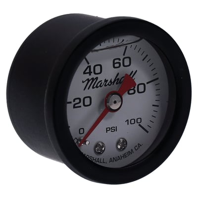 White face, with red pointer. 
Will monitor oil, fuel or nitrous pressure. Liquid filled to help absorb vibration. 
Black housing with brass internals and acrylic lens. 
Standard 1-1/2" diameter, regular 1/8" NPT threaded connection in 0-100 PSI