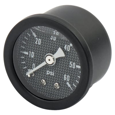 Carbon fiber face. 
Will monitor oil, fuel or nitrous pressure. Liquid filled to help absorb vibration. 
Black housing with brass internals and acrylic lens. 
Standard 1-1/2" diameter, regular 1/8" NPT threaded connection in 0-60 PSI