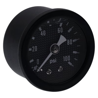 Carbon fiber face. 
Will monitor oil, fuel or nitrous pressure. Liquid filled to help absorb vibration. 
Black housing with brass internals and acrylic lens. 
Standard 1-1/2" diameter, regular 1/8" NPT threaded connection in 0-100 PSI
