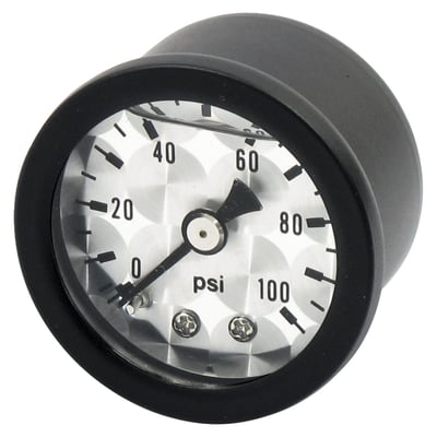 Engine turned face. 
Will monitor oil, fuel or nitrous pressure. Liquid filled to help absorb vibration. 
Black housing with brass internals and acrylic lens. 
Standard 1-1/2" diameter, regular 1/8" NPT threaded connection in 0-100 PSI