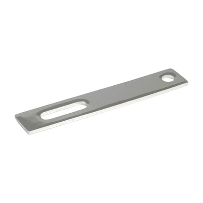 Chromed steel. Straight. 3mm thick. With one round and one elongated hole. Exhaust hanger bracket, for use in custom applications.