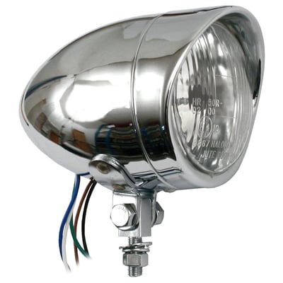 - With visor
- Chrome plated steel housing
- Bottom mount
- 55/60W H4 bulb
- Position light
- ECE approved lens
- Dimensions approx. 105mm wide, overall length 150mm, diameter of glass 90mm.