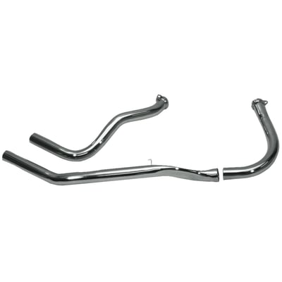 Chrome. S-pipe. 1-3/4" head pipes. Straight Cut. If so desired mufflers can be mounted. The rear pipe first goes down, close over the transmission, before becoming upswept. Rigid frame only, kickstart. Use 508090 and 512595  mount clamps. Heatshield rear 903399. 
Note: The S-pipe system has a 2-piece front header, like OEM, which is flattened to fit between engine and frame tube for improved ground clearance in right turns. May not fit custom rigid frames that are dimensionally different.