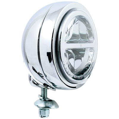 Wide beam. 
DOT & ECE (E4) approved. 
Draws just 6 Watt @ 12 Volt. 
Bottom mount housing. 
Dimensions approx. 4-1/2" diameter x 4 1/4" overall depth.